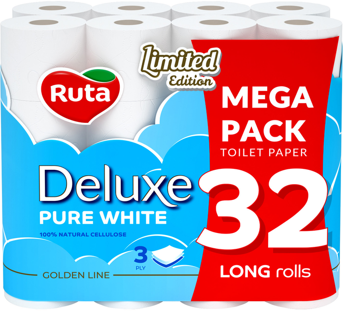 Папір туалетний Ruta Pure White Deluxe 32 рулони, 3ш, білий