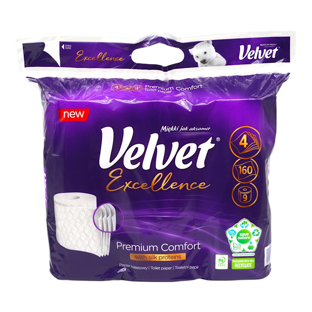Туалетний папір Velvet Екселенс Преміум Комфорт, 9 рулонів